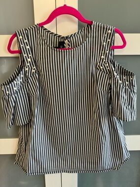 BCX Black & White Striped Top with Pearl-Trim Shoulders